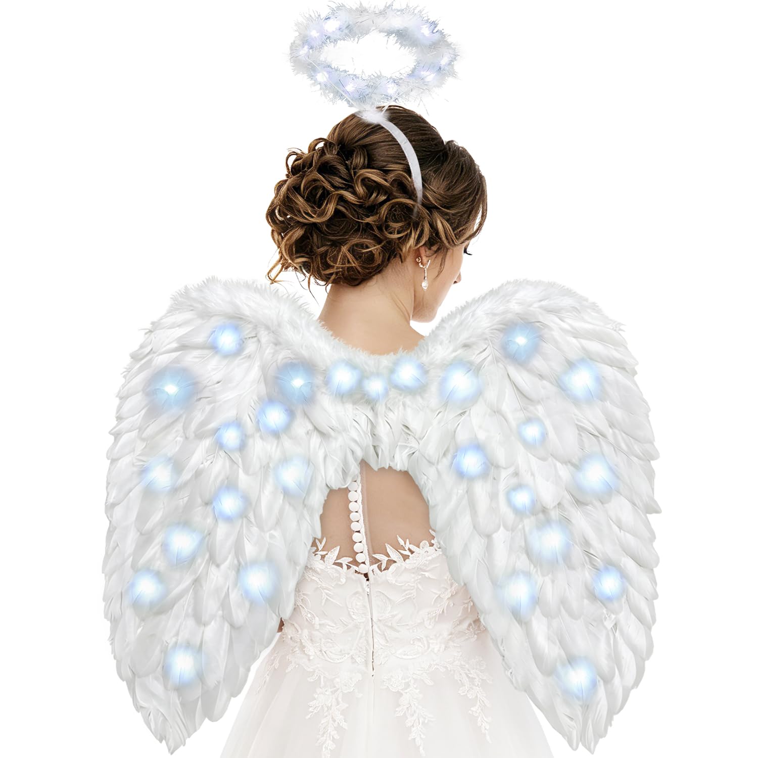 Ptesuply Angel Wings, Light Up Angel Wings and Halo, Adult Angel Costume for Women Girls Kids Halloween Christmas Party (Cool White)