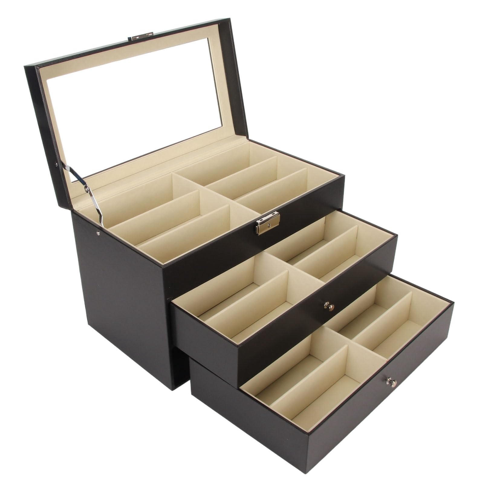 mingzhe Organizador de Gafas de Sol Caja Almacenamiento Anteojos 18 Ranuras Vitrina Soporte para Gafas 3 Capas con Cierre Metal para Tocador Tienda Fibra Carbono