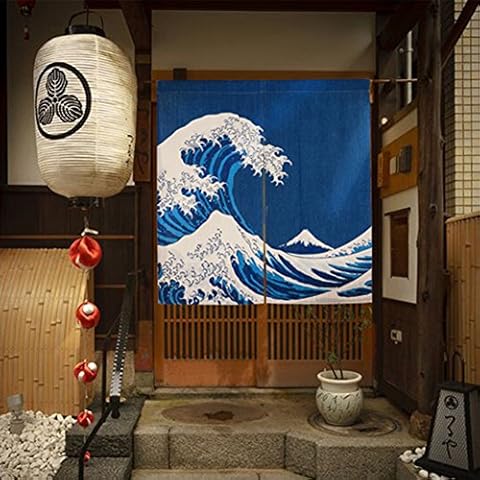 BAIHT HOME Cotton Linen Japanese Noren Doorway Curtain Tapestry Hokusai Ukiyoe Room Divider 33.5" Width x 35.5" Long (Great Wave of Kanagawa) Cover