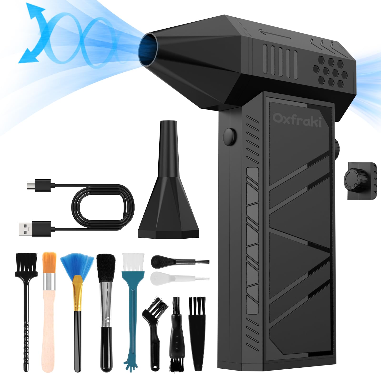 Oxfraki Stepless Speed Electric Compressed Air Duster 130000 RPM Turbo Fan 8000mAh Rechargeable Portable Mini Blower for Keyboard PC Car Worktop Snow & Home Cleaning No Canned Air Reusable