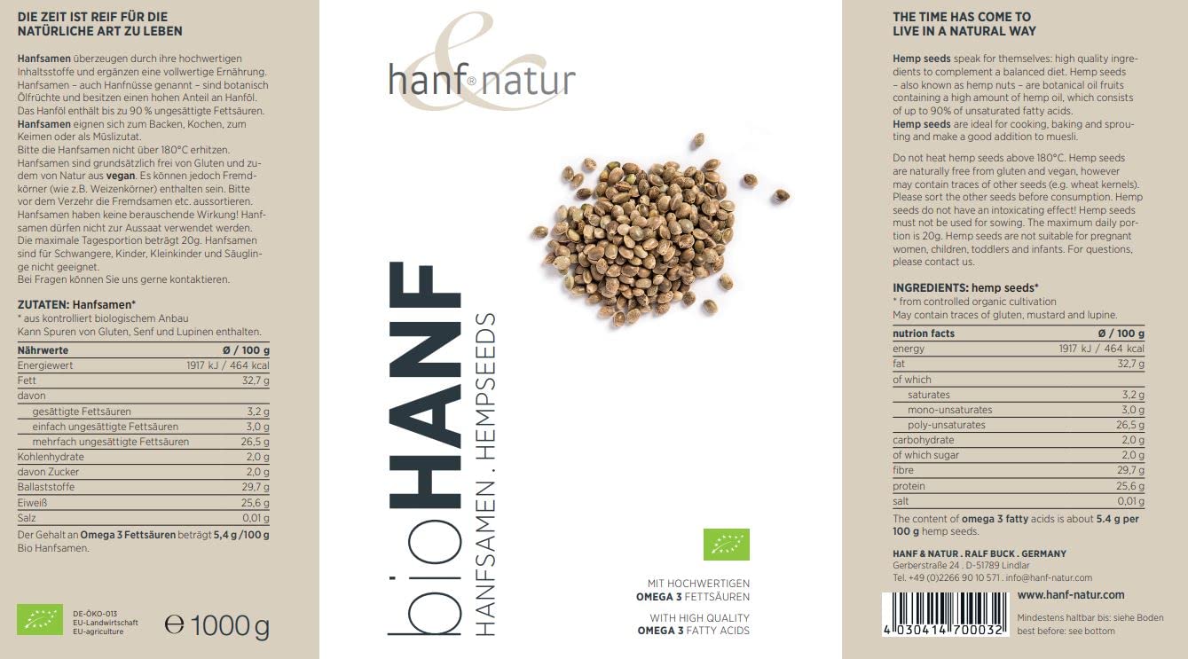Hanf & Natur Bio Hanfsamen 2x1kg - Vegan, reich an Omega-3 und essentiellen Aminosäuren - Aus Deutschland und Europa