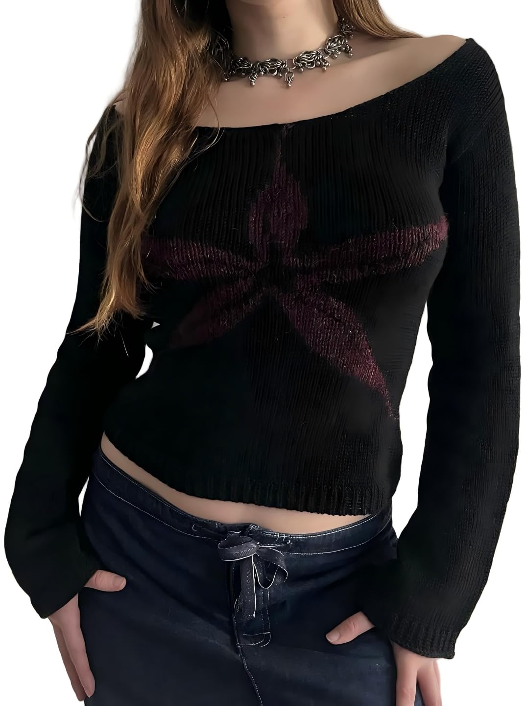 Womens Fold Over Off Shoulder Sweaters Vintage Slim Fit Long Sleeve Ribbed Knit Pullover Tops Fall Going Out
