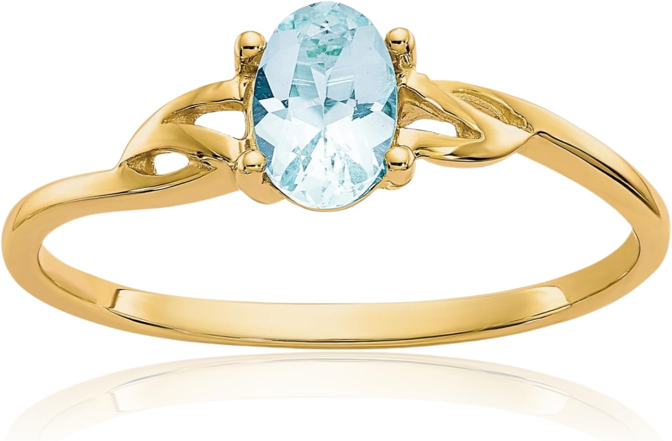 IceCarats 14K Solid Yellow Gold 0.45 carat Blue Aquamarine Solitaire Ring 2mm Slim Band Oval Cut, Natural, Prong Set