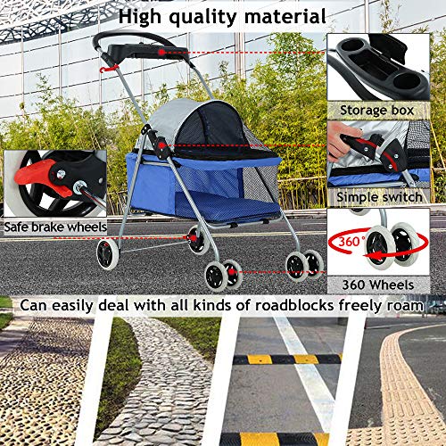 Dog Stroller Pet Stroller Cat Strollers Jogger Folding Travel Carrier Durable 4 Wheels Doggie Cage With Cup Holders 35Lbs Capacity Waterproof Puppy Strolling Cart For Small-Medium Dogs, Cats - Blue #TOP3