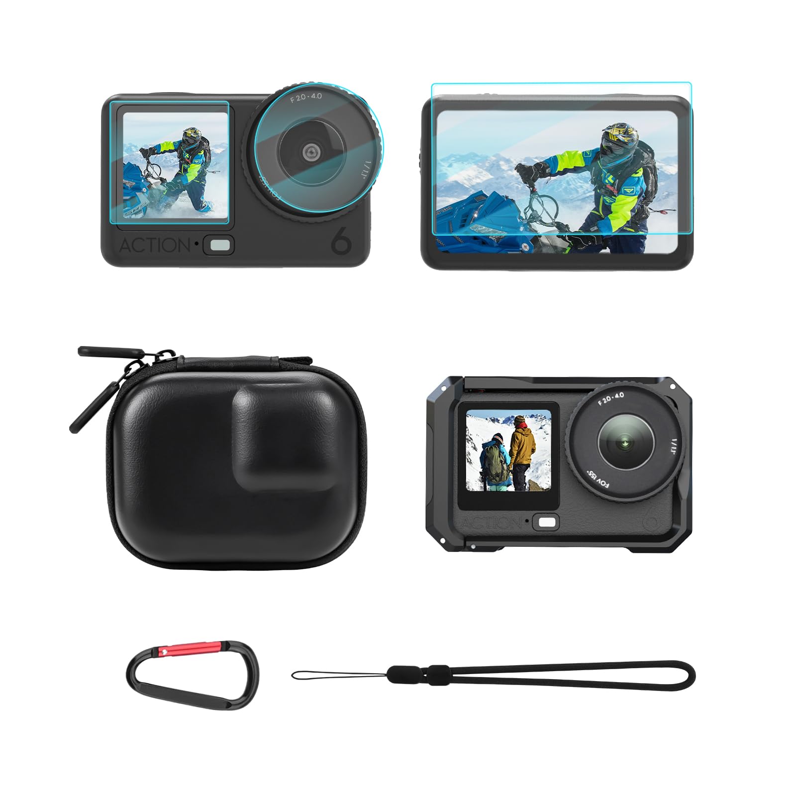 BRDRC Action 6 Camera Cage + Screen Protector+ Carrying Case (for Frame) Accessories Kit, Protective Metal Cage Portable PU Hard Bag Tempered Glass Lens Film for DJI Osmo Action 6 Protective Bundle