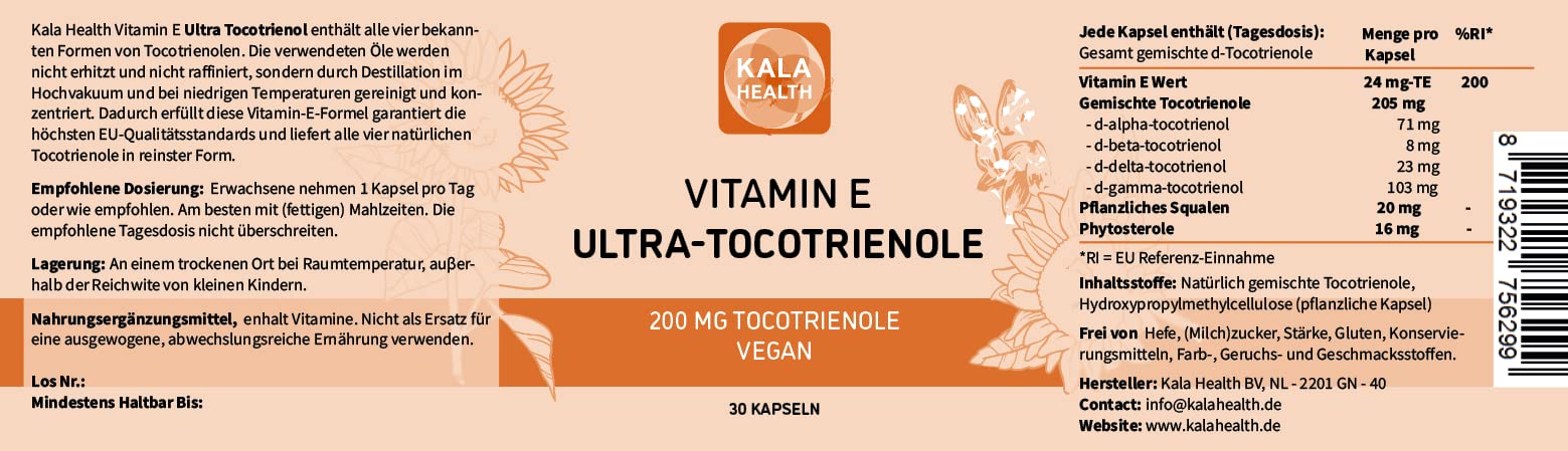 Kala Health Ultra Tocotrienol 200mg Vitamin E Vegan alle 4 Tocotrienole Alpha Tocotrienol +Beta Tocotrienol Gamma Tocotrienol Delta Tocotrienol - Tocotrienol-Komplex