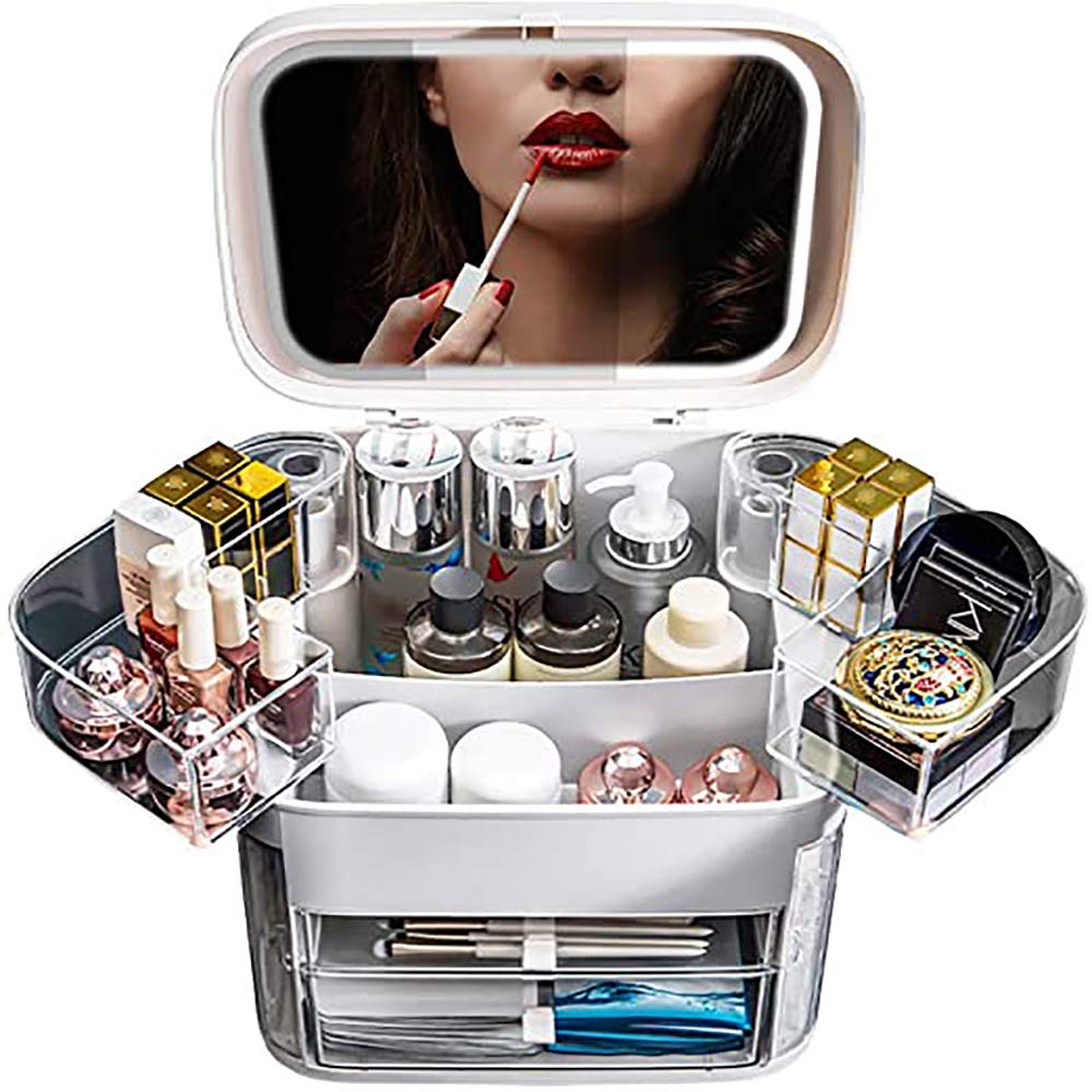QA Cosmetic Makeup Organizer Storage Box with Drawers and Brush Dustproof-Cosmetic Storage Display Case for Lipstick Eye Shadow, Brushes (White LED mirror-1002)