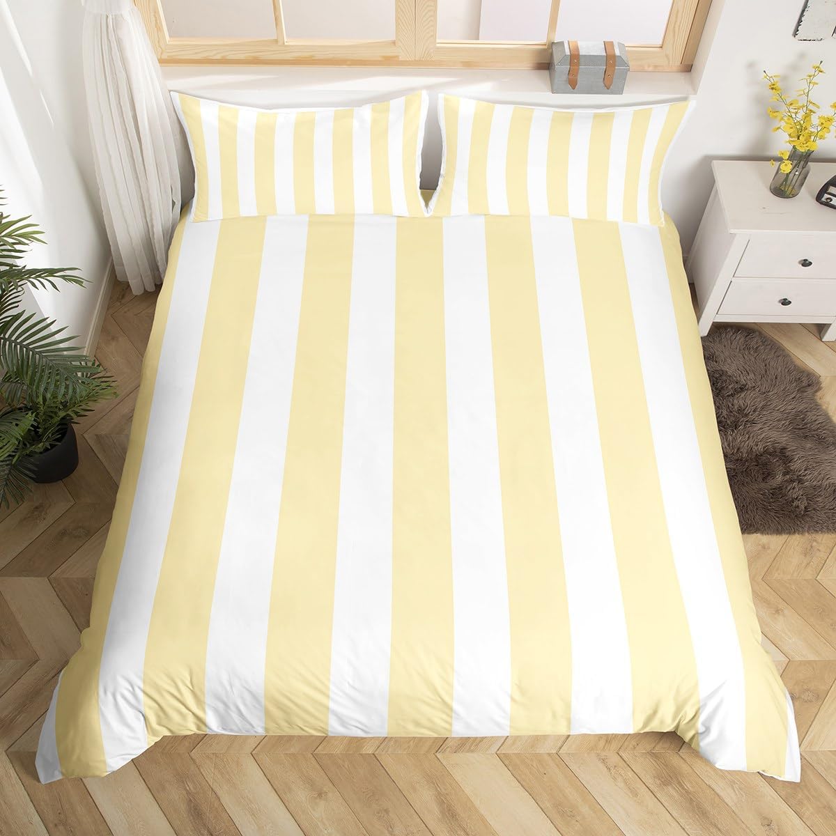 Manfei Stripe Duvet Cover Twin Size,Yellow White Striped Soft Bedding Set,Cute Vertical Stripes Comforter Cover 2PCS,Modern Stripes Geometric Lines Quilt Cover,1 Pillowcase(Not Comforter)