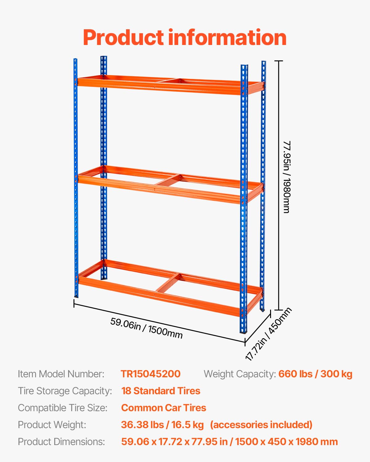 VEVOR Scaffale Porta Gomme Auto a 3 Ripiani, Fino a 18 Pneumatici Standard, Supporto Pneumatici per Impieghi Gravosi SPCC-SD con Spaziatura Regolabile per Garage e Officina, capacità di Carico 300 kg