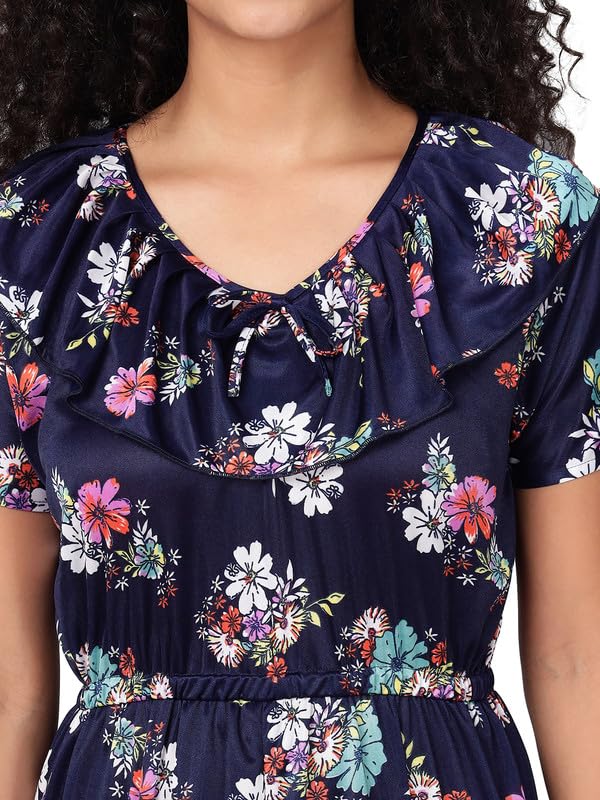 Image of Clovia Women's Satin Printed Long Nighty in Navy Blue