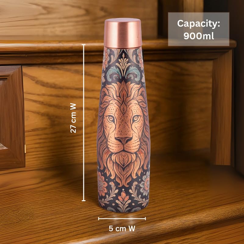Image of Copper Bottle | Lion Motif | UV Printed Design | Pure Copper Water Bottle for Health & Wellness | 900 ml Capacity