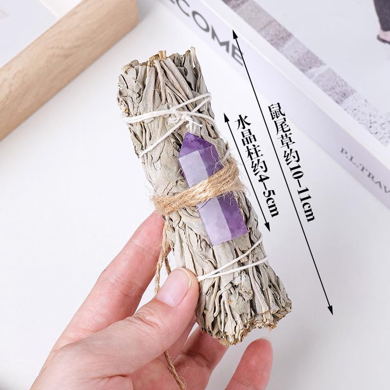 Namzi 1 Piece Natural California White Rat Tail Grass, Single Pointed Energy Stone Mixed Color Hexagonal Prism Aromatherapy Wand, Cedar Wand Set Aromatherapy Ornament Decoration