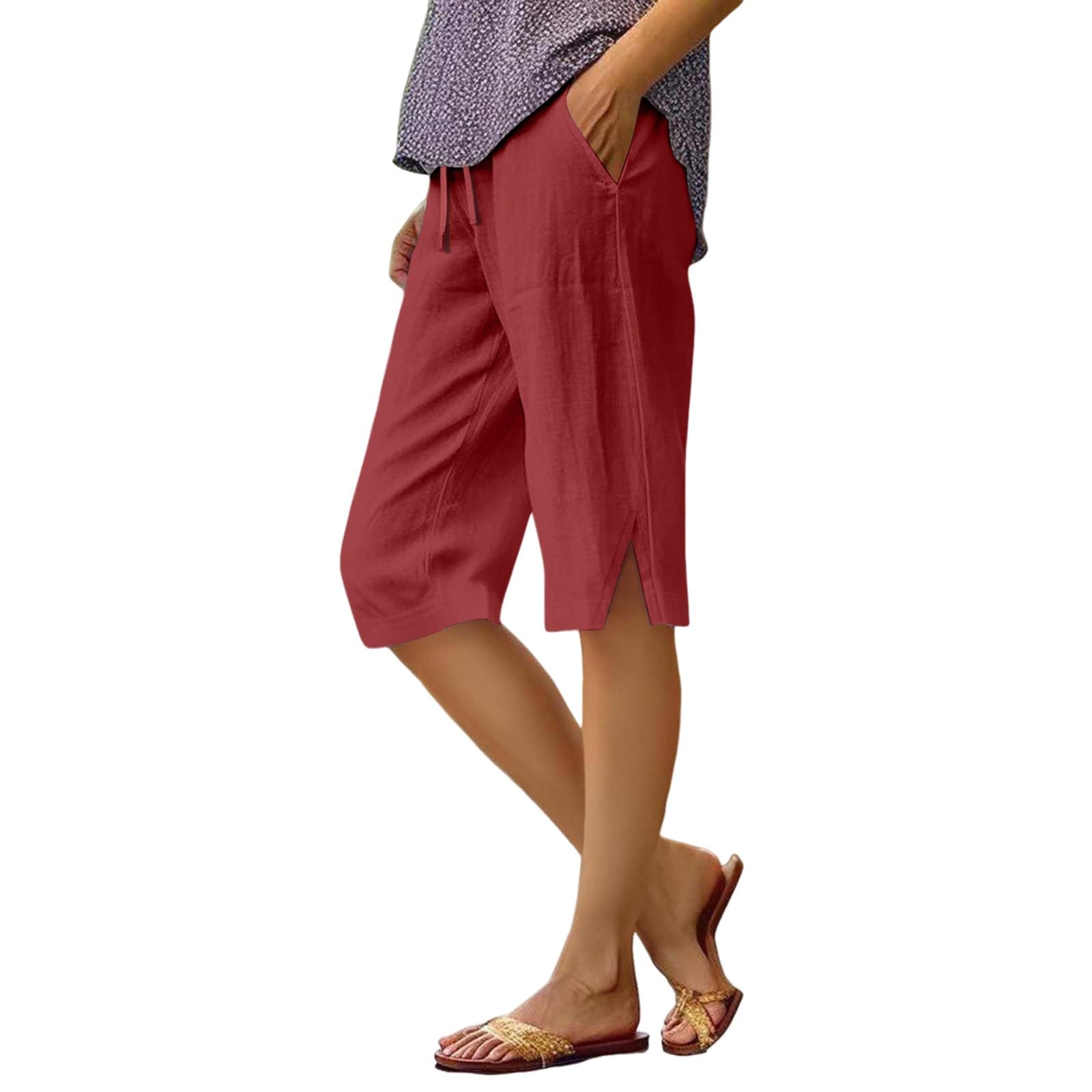 Women's Casual Cotton Linen Knee Length Shorts Summer Loose Beach Drawstring Sports Workshort Bike Shorts UK Tops Under 5 Dollars Red 2XL