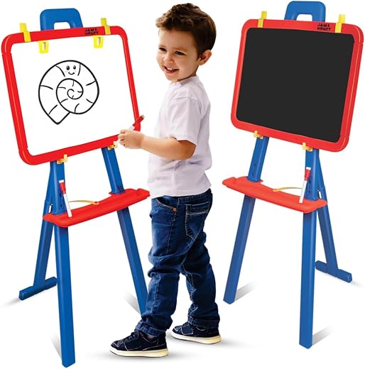 Amazon Brand - Jam &amp; Honey 5-in-1 Kids Easel Board 4+ Years, Double-Sided Magnetic Whiteboard &amp; Chalkboard with Alphabets