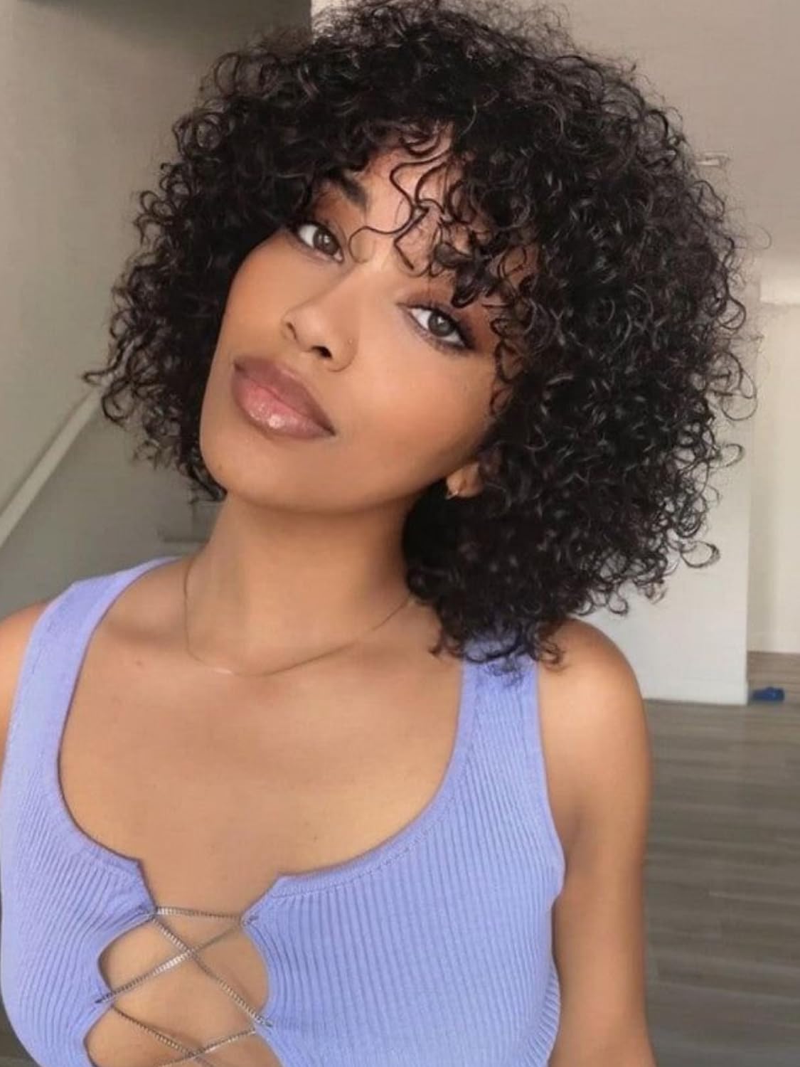 KLAIYIShort Bob Curly Wig with Bangs Human Hair Pixie Cut Wig Bouncy Curls Wear and Go Glueless Wigs for Black Women Brazilian Hair No Lace Front Afro Kinky Curly Wig 150% Density 8Inch Natural Color