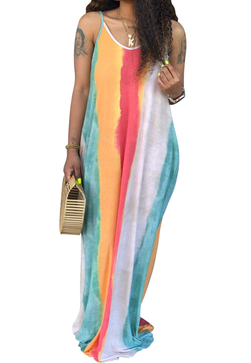 shengfan Women's Floral Printed Lanie Multi Wave Maxi Dresses Adjustable Spaghetti Strap Loose Straight Mopping Dress with Pockets - - Medium