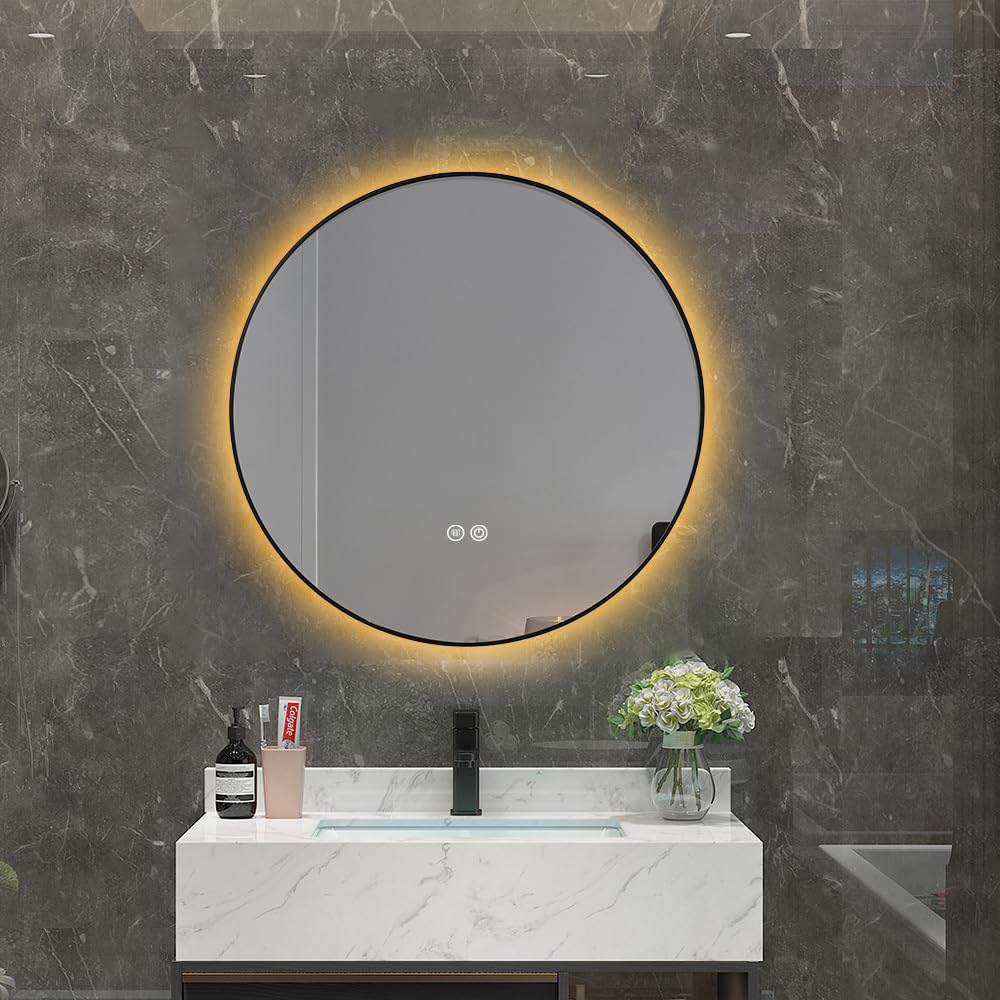 Miroir Salle de Bain LED Rond 90cm Anti buée avec Cadre Noir LB-4647BA -LuxuryBain