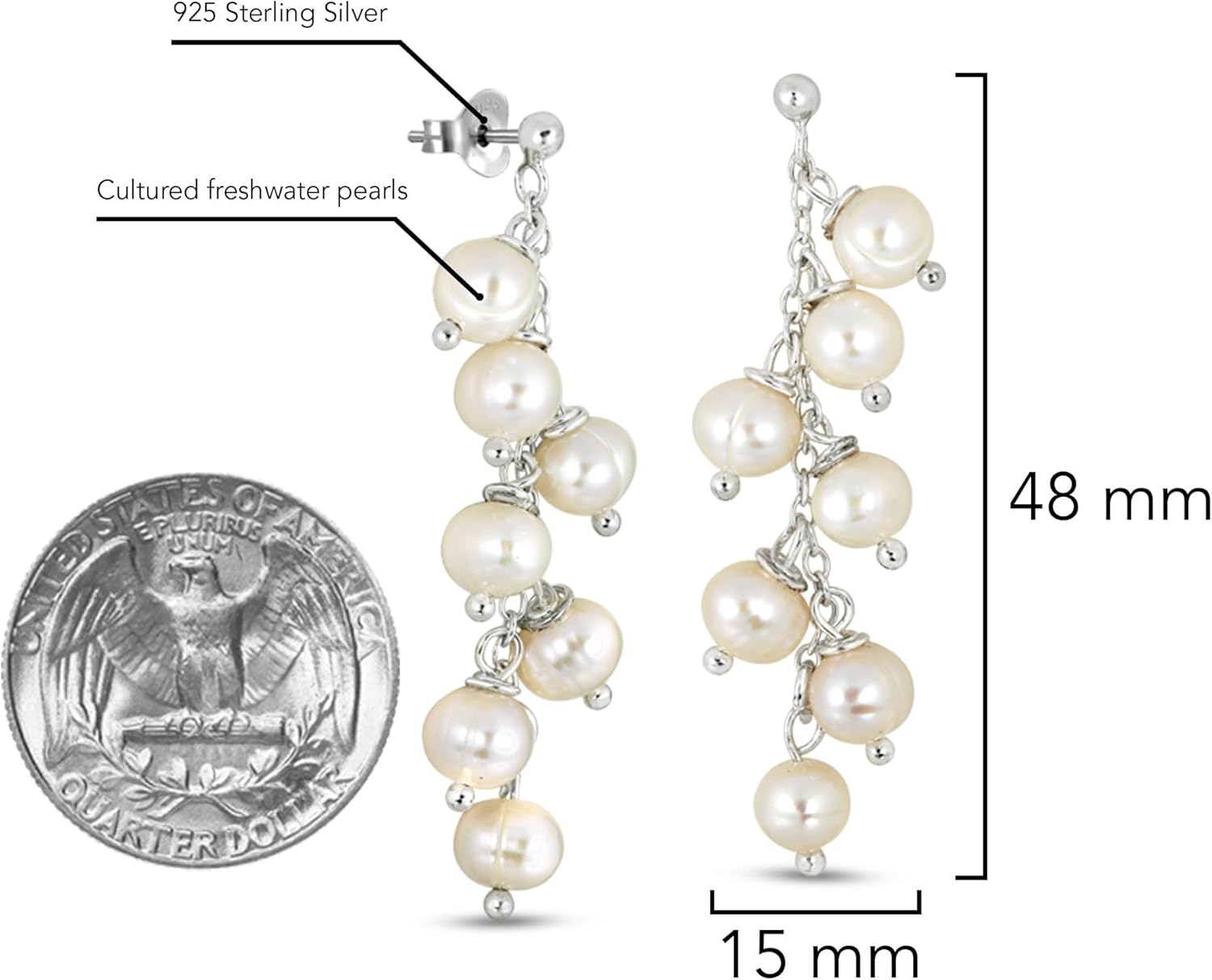 AeraVida Enchanting White Cultured Freshwater Pearls .925 Sterling Silver Post Dangle Earrings | Elegant Pearl Drop Earrings for Women | Timeless Silver Jewelry - Image 5