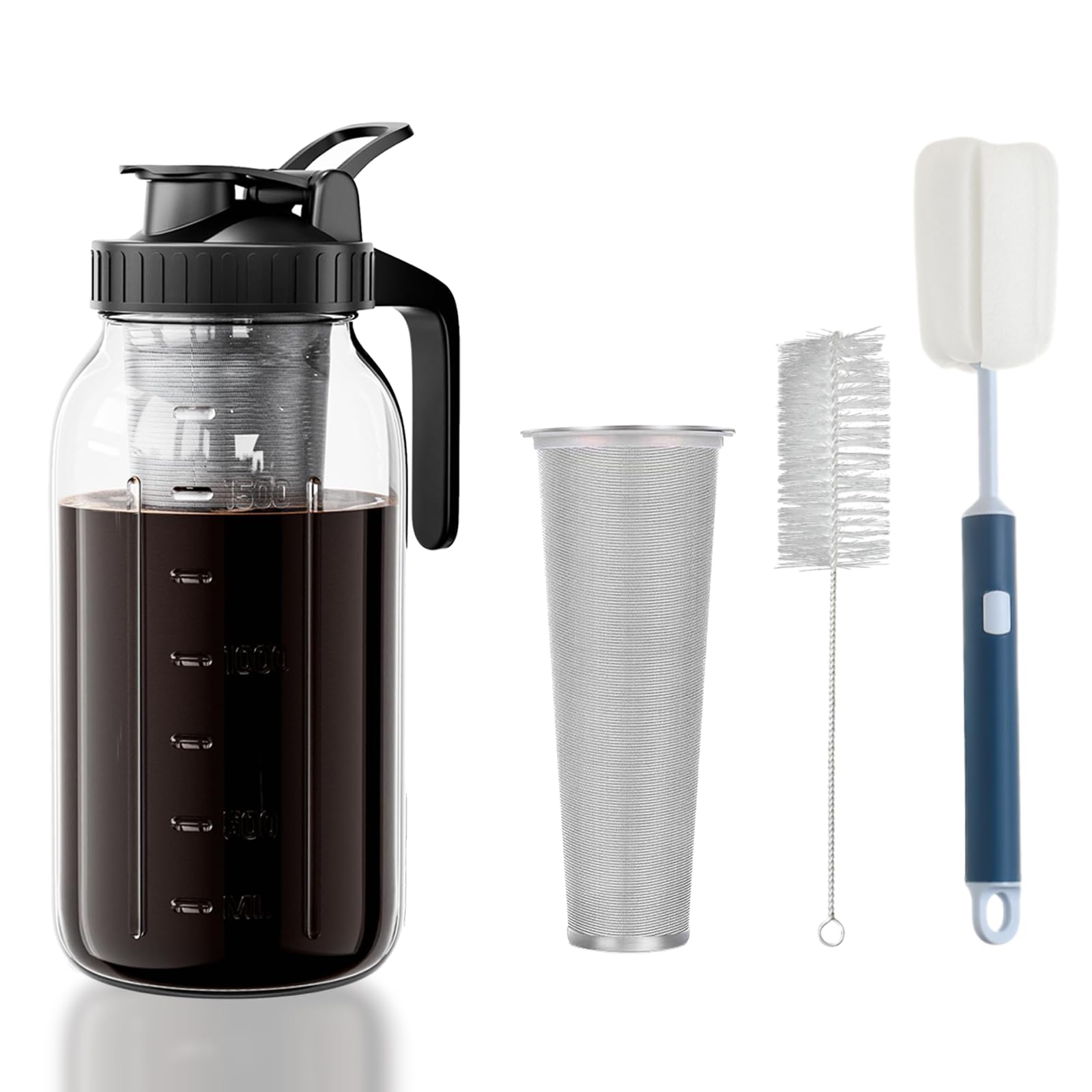 Cold Brew Coffee Maker Pitcher - Thick Glass Mason Jar with Stainless Filter,Leakproof Flip Lid, Ergonomic Handle for Iced Coffee, Tea, Lemonade, Homemade Drinks (Black - 64oz)