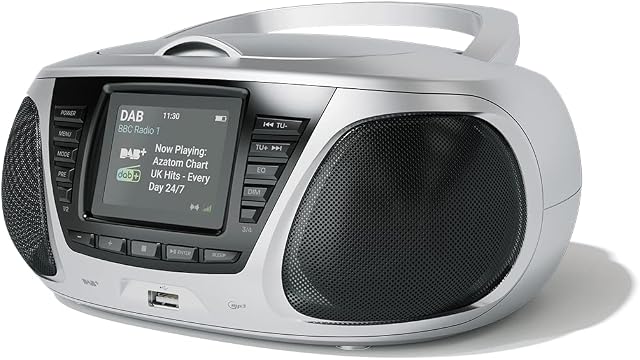 DAB DAB+ CD playe, FM Radio, Wireles Bluetooth, Stereo Speaker System, Clock, USB player (AZATOM Zenith Z4 Silver)