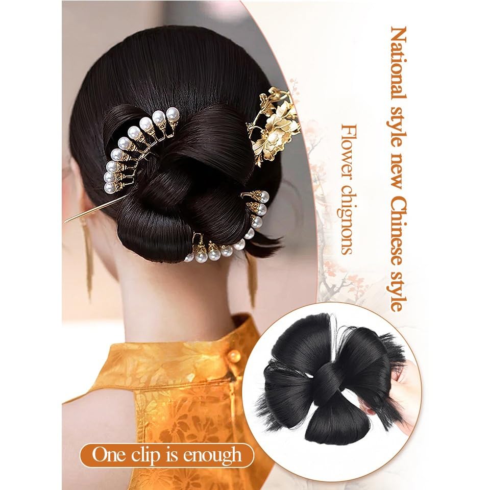 Hair Bun Synthetic Chinese Style Bun Hair Piece with Duck Billed Clip Hanfu Ancient Style Hair Extensions Scrunchies(Dark Brown)