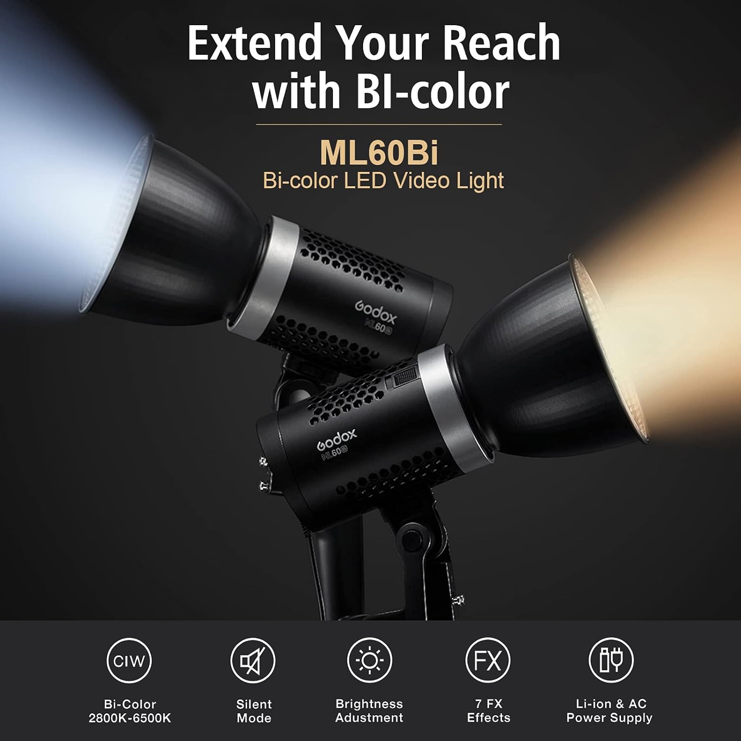 Godox ML60Bi LED Studio Light 60W Dual Color Temperature 2800-6500K CRI96 TLCI97 Adjustable Brightness 16 Groups 32 Channels Godox Stand with Handle Mobile APP Control for Live Video Shooting