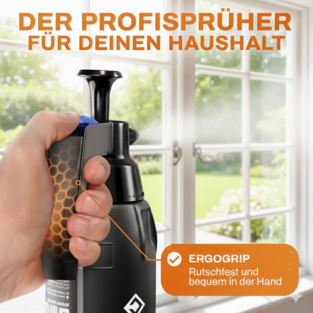 CRAFTUS® Drucksprüher 1L für gleichmäßige Verteilung von Flüssigkeit I Pumpsprühflasche für den Haushalt [EPDM] I Pumpflasche mit Überdruckventil & Verstellbarer Düse