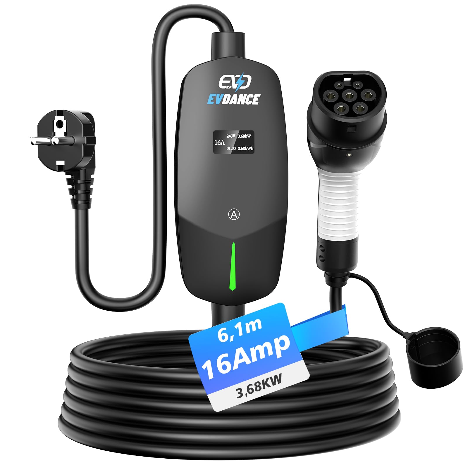 Chargeur Voiture Électrique Portable 3,68 KW Type 2 - 6,5m 16A Schuko Avec Support Mural Et Sac Transport