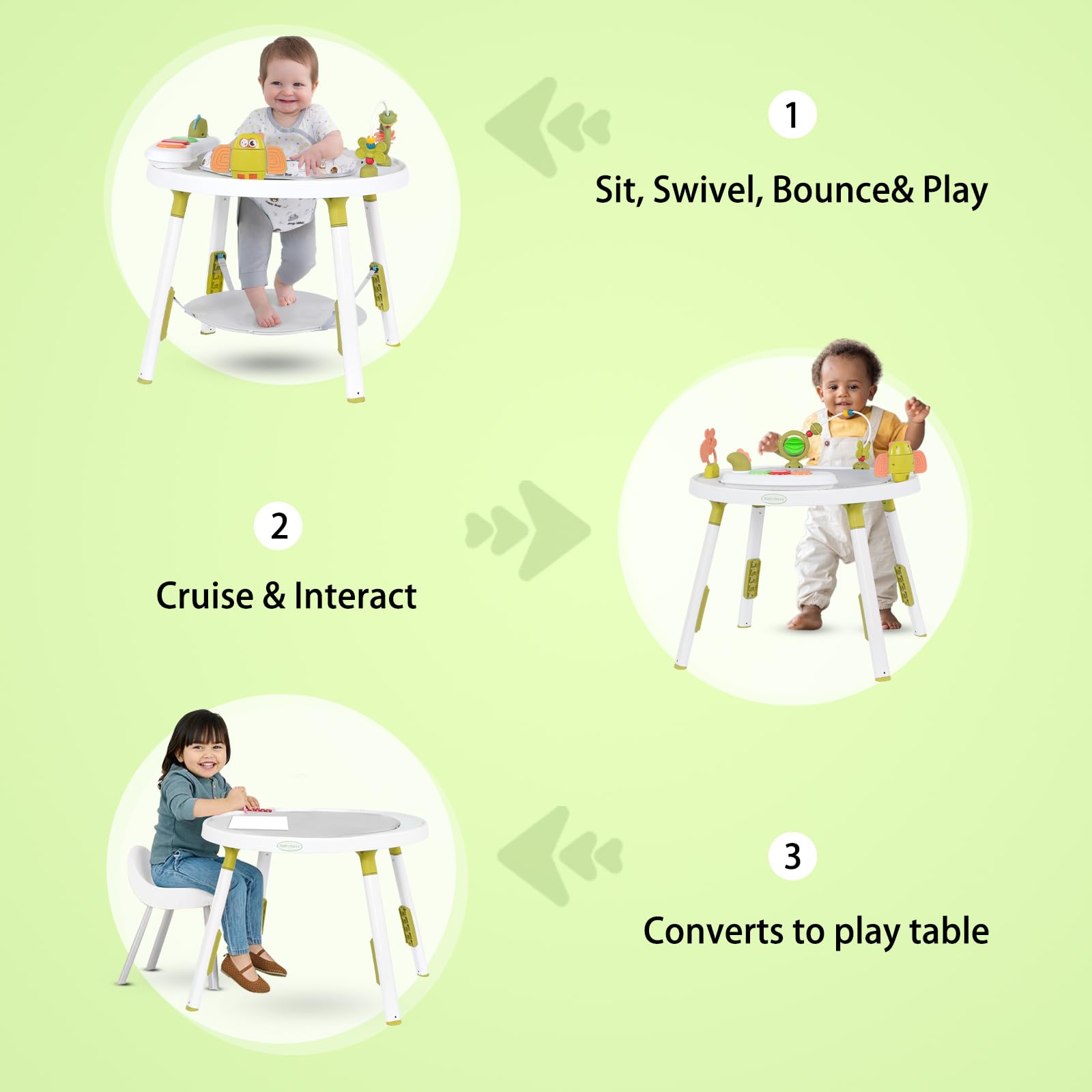 UBRAVOO Baby-Aktivitätszentrum, 3-in-1 Baby Lauflernhilfe mit abnehmbaren Spielzeugen und 360° Drehbarem Sitz – ideal für die Entwicklung und Unterhaltung von Kleinkindern (Green)