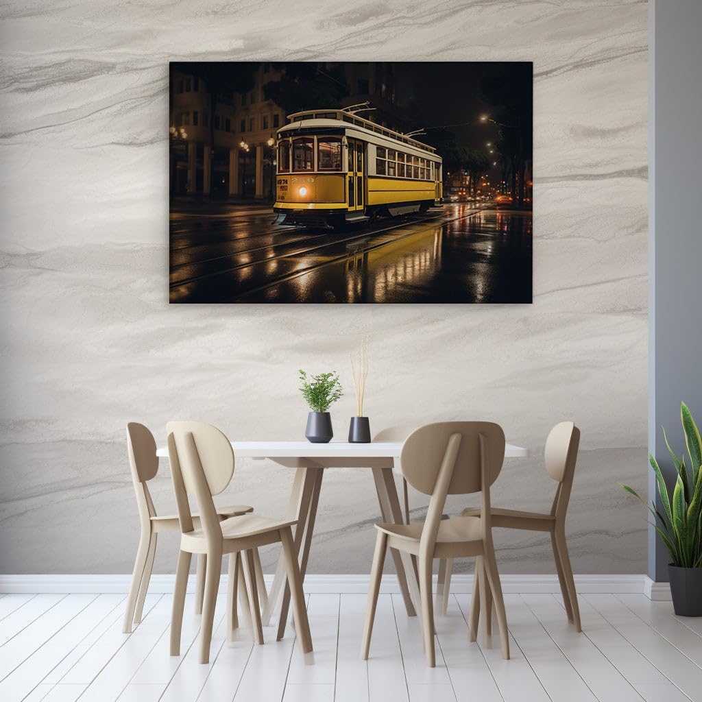 Canvas for Living room. Glowing Journey Through Midnight Rains: A Nostalgic Ride on a Vintage Tram, 27 x 18 inch Canvas Wall Art - Contemporary Masterpieces - Retro Home Decor