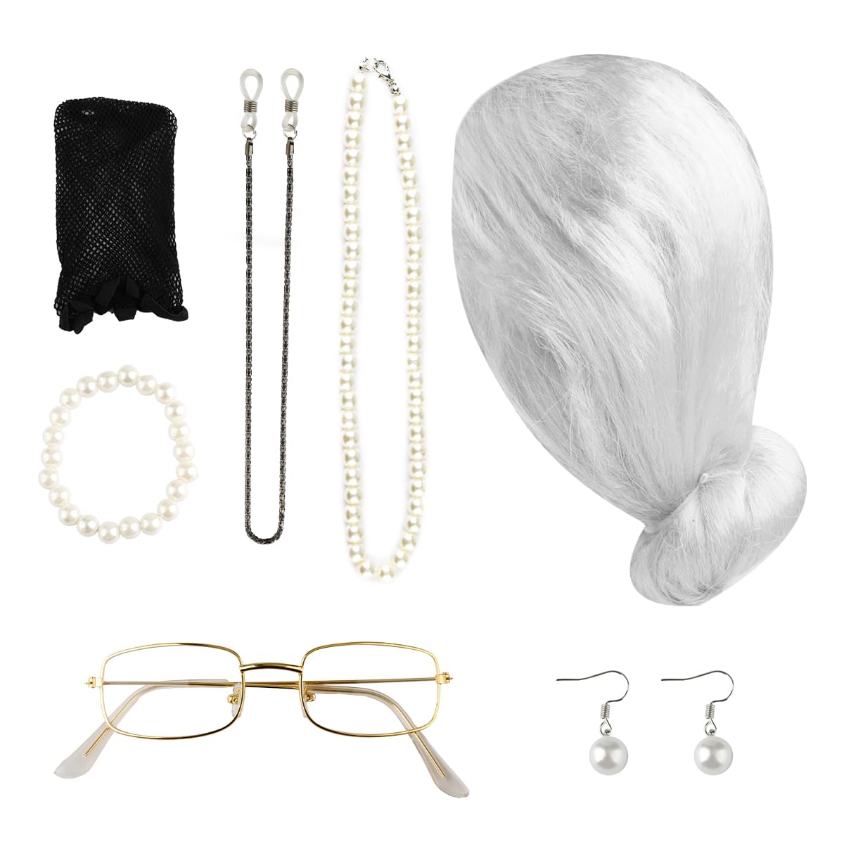 Lotsdonxia 7-Pcs Old Lady Costume Set, Grey - Grandma Wig, Glasses, Necklace for Halloween & Cosplay