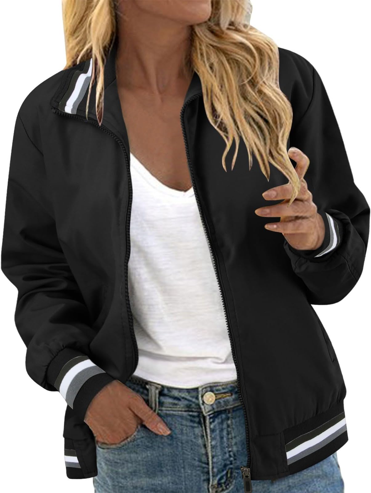 Bomber Jacket Women's Short Pilot Jacket with Zip College Jacket Oversized Leisure Jacket Spring Leisure Motorcycle Jacket Lightweight Biker Jacket Plain Women's Jacket