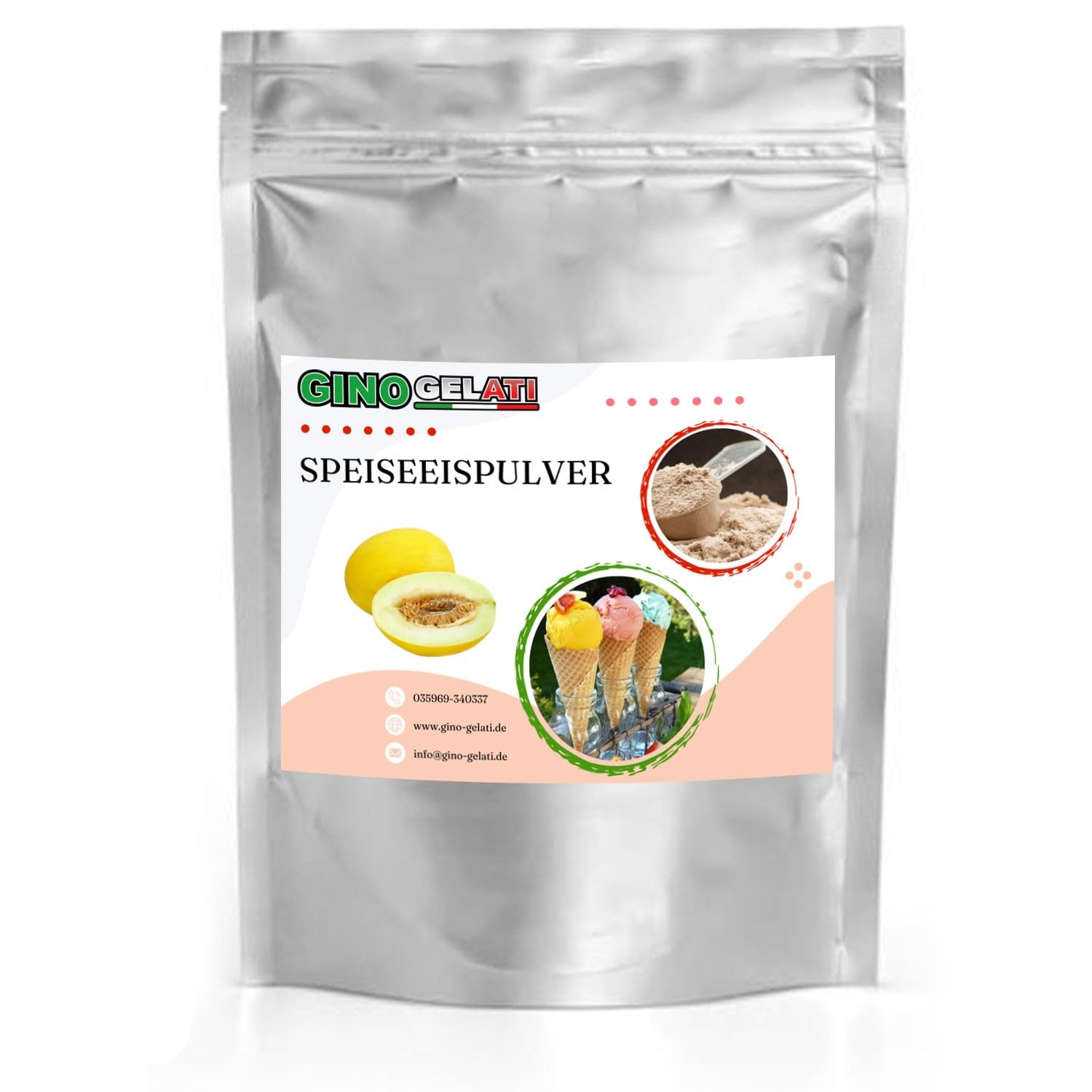 Gino Gelati Honigmelone fruchtiges Eis Speiseeis Pulver 10 Kg, verschiedene Geschmackssorten, schnelle und einfache Zubereitung, für Gastronomie und private Küche, Made in Germany