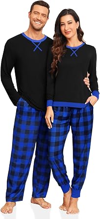 Matching Couple Pajama Set Winter Christmas Modal Sleepwear with Pockets Loungewear Set,Black & Blue-2XL