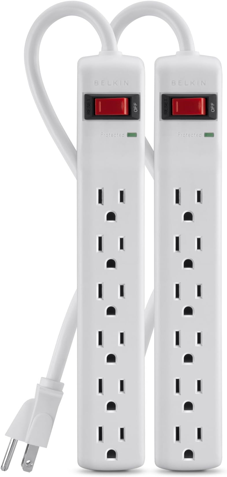Power Strip Surge Protector - 6 AC Multiple Outlets, 2 ft Long Heavy Duty Metal Extension Cord for Home, Office, Travel, Computer Desktop & Phone Charging Brick - 200 Joules, White (2 Pack)