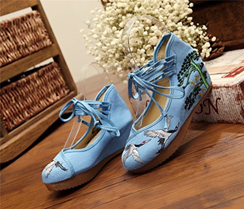 Qianmome Chinese Women's Red-Crowned Crane Embroidery Floral Strappy Round-Toe Platform Wedges4
