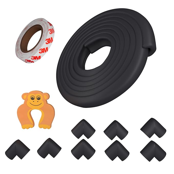 Amazon Brand - Supples Baby Proofing Kit | Black | Set of 11 | 16.4 ft Safety Strip for Furniture Edges, 8 Pre-Taped Corner Guards, 1 Door Stopper, 1 Tape | Non-Toxic, Tested As Per is 9873 Standards