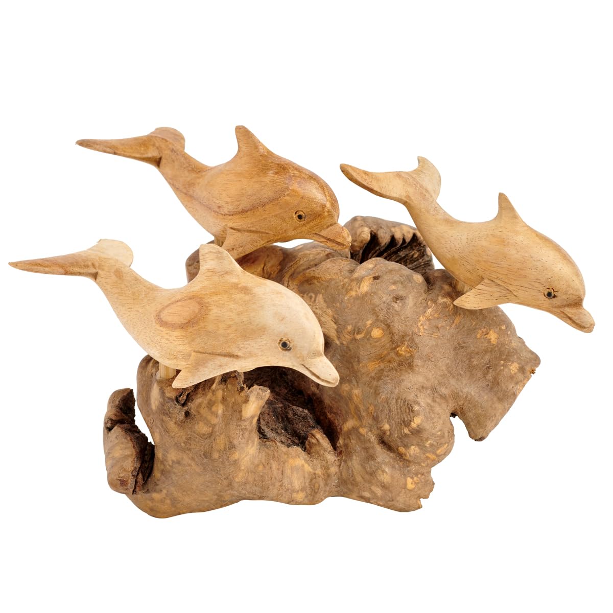 MAISONICA Dolphin Family Ornament Sculpture - Hand Carved Wooden Art Gift on Root