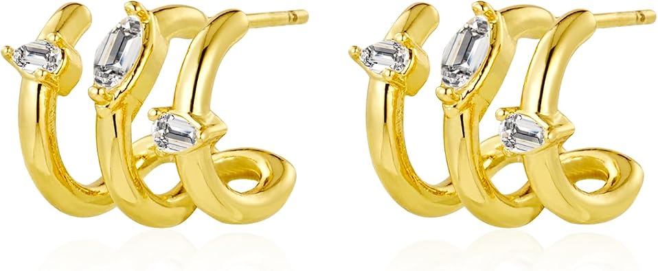 Gold Triple Hoop Illusion Stud Earrings, 14K Chunky Gold Plated Hoop Earrings Cuff Earrings for Women Trendy, Hypoallergenic Earrings Set Jewelry Gift