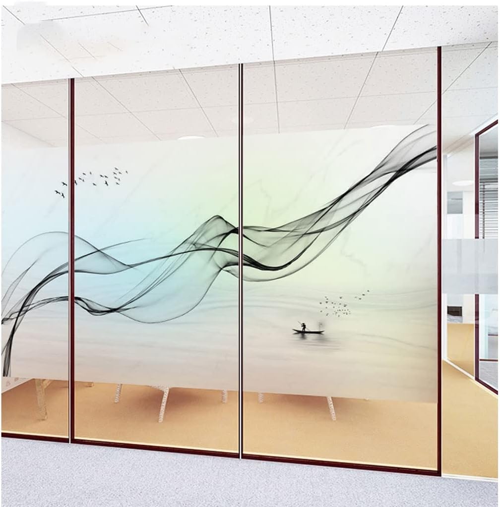 Window Clings Chinese Landscape Window Frosted Translucent Glass Sticker Film Suitable for Office Push Door Bathroom Toilet Sticker Privacy Window Film(C,90 * 180 cm)