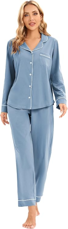 LUBOT 100% Cotton Pyjamas Set for Women Ladies, Long Sleeve Button Pajamas | Two Piece PJs for Female Sleepwear Loungewear, Floral Printing, Knitted & High Elasticity, S - XXL