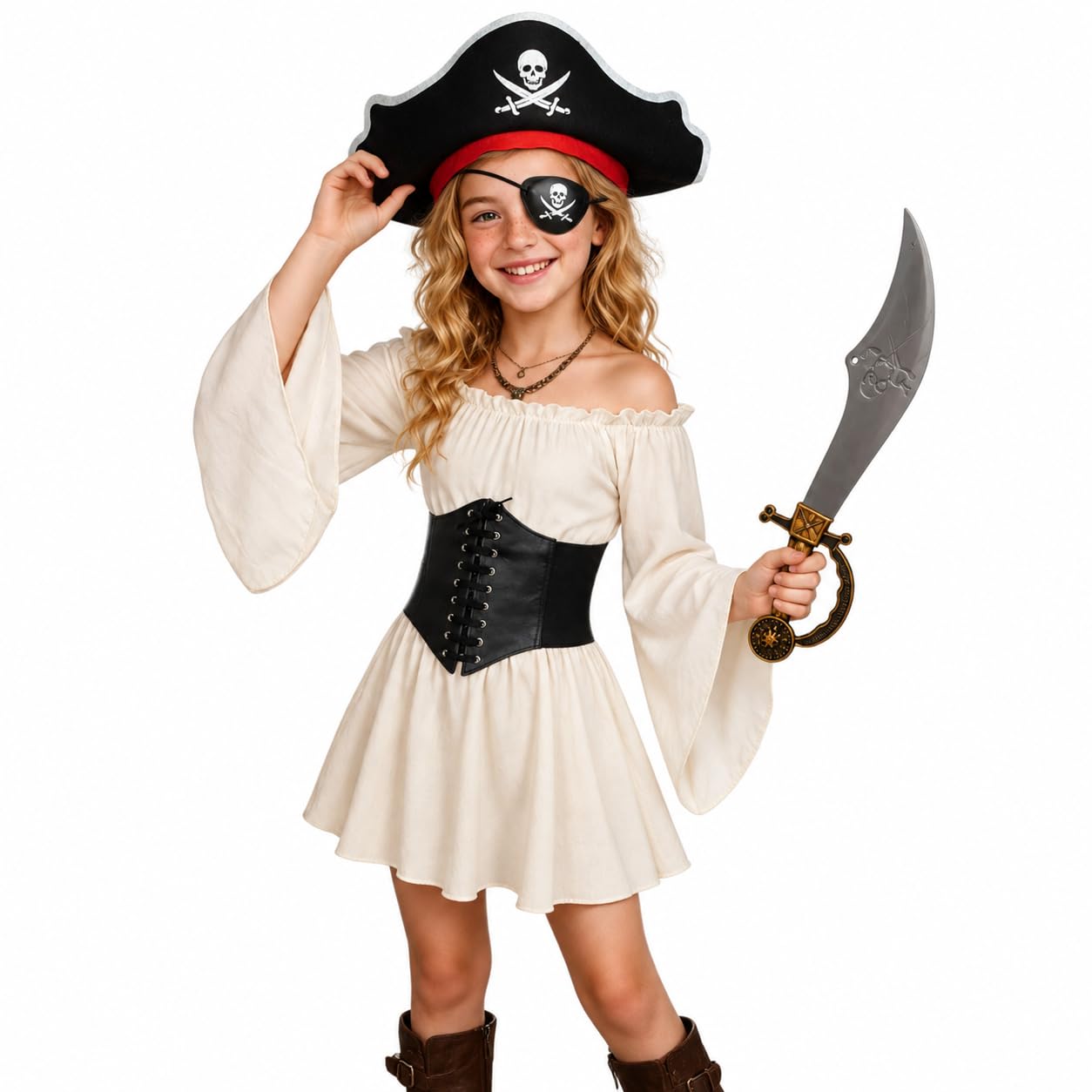 Kids Pirate Costume for Girls, White Off Shoulder Dress with Black Corset, Pirate Hat Eye Patch Set 5pcs, Halloween Carnival Cosplay Outfit