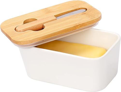 Mantequera grande de cerámica con tapa hermética y cuchillo para encimera, capacidad para hasta 2 palitos, recipiente de mantequilla con tapa de