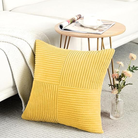 Image of Guffaw Corduroy Pillow Covers Boho Decorative Spliced Throw Pillow Covers Soft Solid Couch Pillowcases Cross Patchwork Cushion Covers for Living Room Bed Sofa 16x16 inch (1, Mustard Yellow)