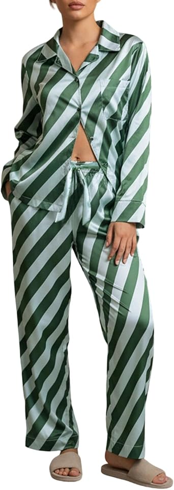 Women Striped Satin Pajama Set Y2k Silk Pajamas Sleepwear