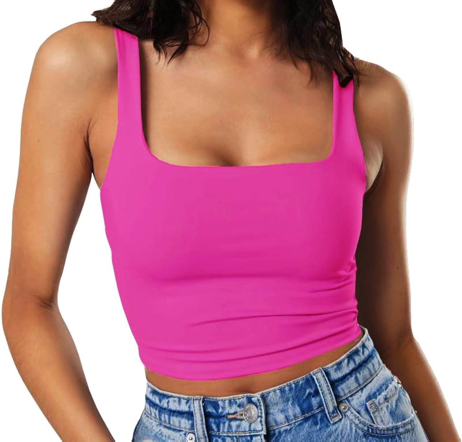 Artfish Women's Sleeveless Strappy Tank Square Neck Double Layer Workout Fitness Casual Basic Crop Tops