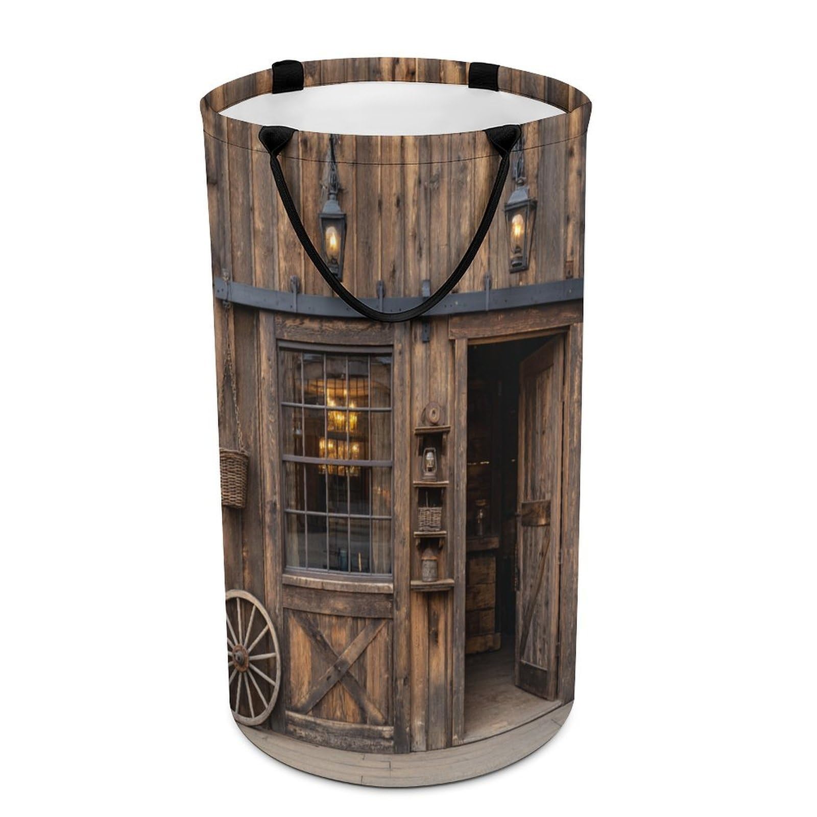 LUYYSKY Classic Abstract Barn Door Versatile Storage Laundry Basket, Western Realistic Farmhouse Log Cabin Door Wheel Pattern Large Capacity Bathroom Hamper With Handle