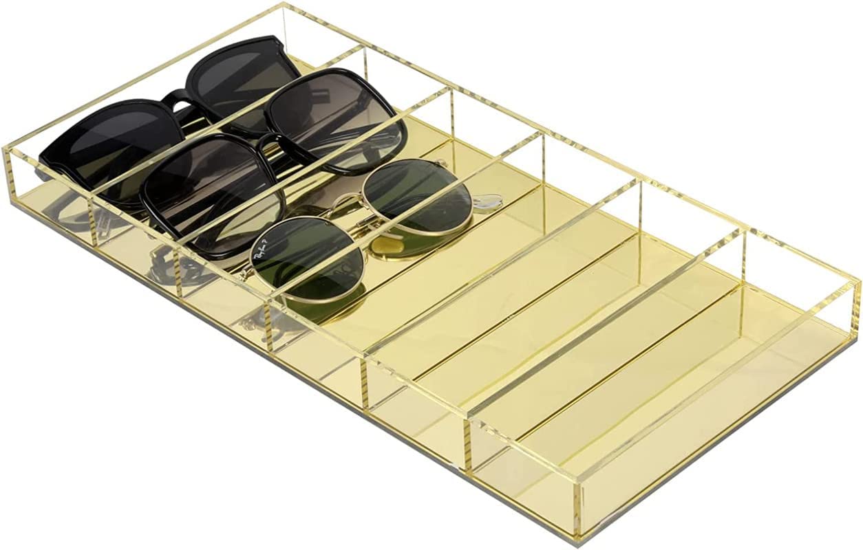 MONSSIVE 6 Slot Premium Grade Acrylic Sunglasses Storage Tray with Gold Tone Reflective Mirror Base, Tabletop Eye Glasses Holder Organizer Case Display