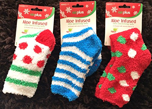 Airplus Aloe Infused Ultra Moisturizing Socks - Holiday Colors - Pack of 3 Pairs - COLORS WILL VARY
