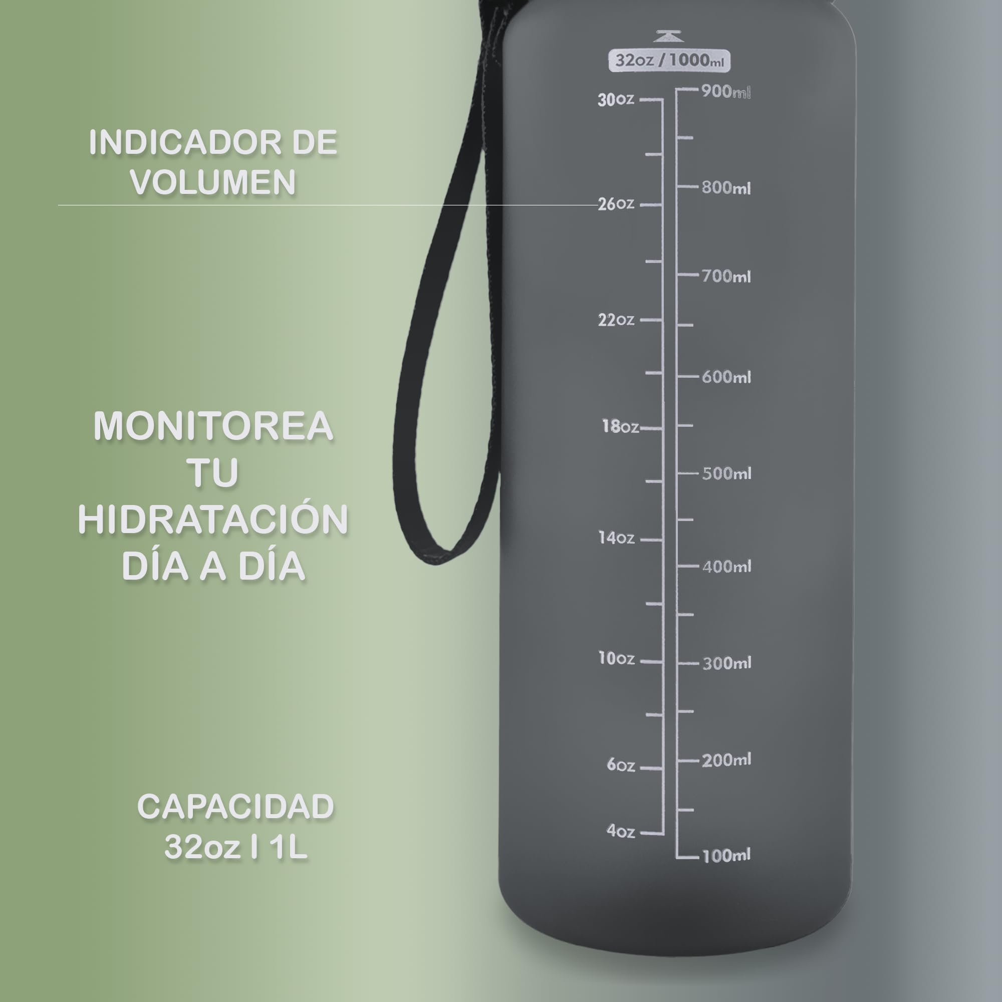 Otto Koning Botella Agua 1L Deportiva Sin BPA Hermética Boca Ancha Correa Resistente Reutilizable